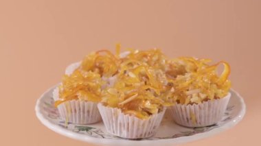 A typical Italian dessert from the Sardinia, Nuorese, Baronia and Gallura regions. thin strips of candied orange peel with honey, from almonds, from typical products of the region. 