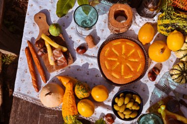 Parkta masada sonbahar pastası. Yukarıdan bak. Sonbahar ziyafeti için lezzetli yiyecekler. Yüksek kalite fotoğraf
