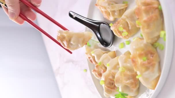 Fried Dumplings Sauce Gyoza Healthy Eating Young Spring Green Onions — ストック動画