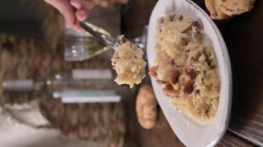 risotto with porcini mushrooms. Risotto with porcini mushrooms.Typical Italian food white rice with mushrooms in parmesan sauce. Antipasto for dinner. High quality 4k footage