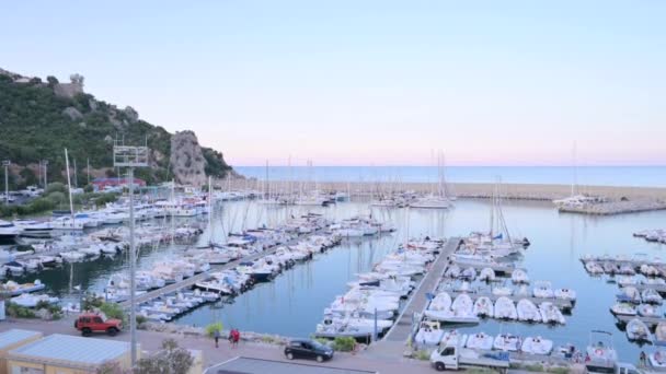 Pink Sunset Horizon Port Beautiful View Yachts Sardinia Yacht Enters — 图库视频影像