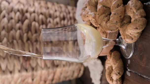 Pouring Beer Glass Wheat Spikelets One Mugs Beer Wooden Background — Video