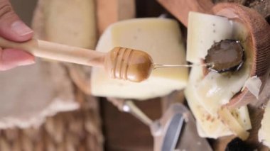 Mantarlı Pecorino peyniri, geleneksel İtalyan koyunu sütlü peynir ve mantar. Tuscany ve Sardinya 'nın süt ürünlerinin tipik bir ürünü. Bal ve peynir. Yüksek kaliteli HD video