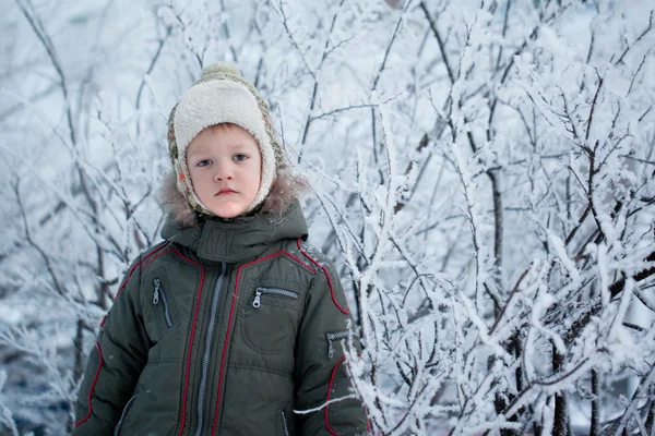 Mały chłopiec malucha z śnieg na zewnątrz na piękne — Zdjęcie stockowe