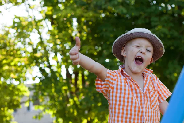 Маленький хлопчик на природі класу і показати жест — стокове фото