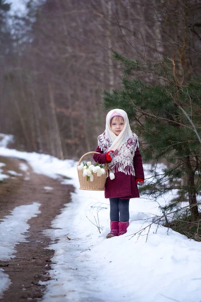 Cute Little Girl Holding Basket Full White Tulips Winter Forest — Stock Photo, Image