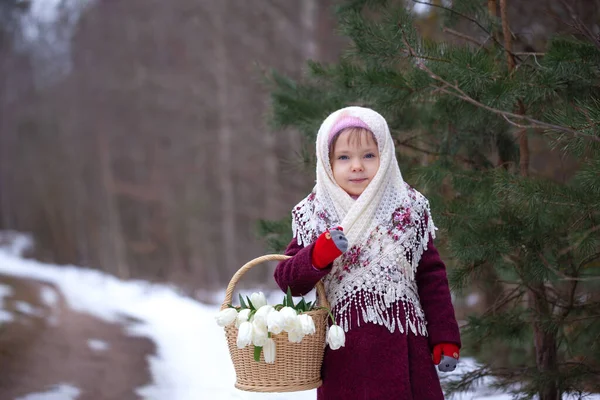 Cute Little Girl Holding Basket Full White Tulips Winter Forest — Stock Photo, Image