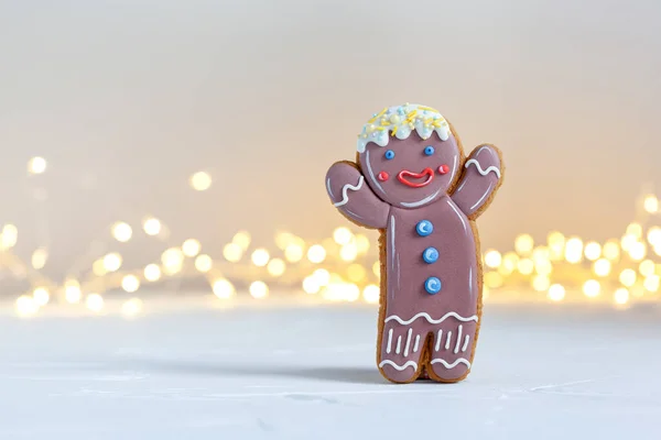 Christmas Gingerbread Man Festive Light Background Defocused Boke — Stock Photo, Image