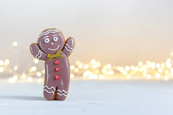 Christmas Gingerbread Man Festive Light Background Defocused Boke — Stock Photo, Image