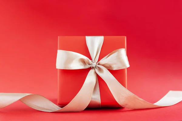 Red Gift Box Present Box Ribbon Red Background Happy Birthday — Stockfoto