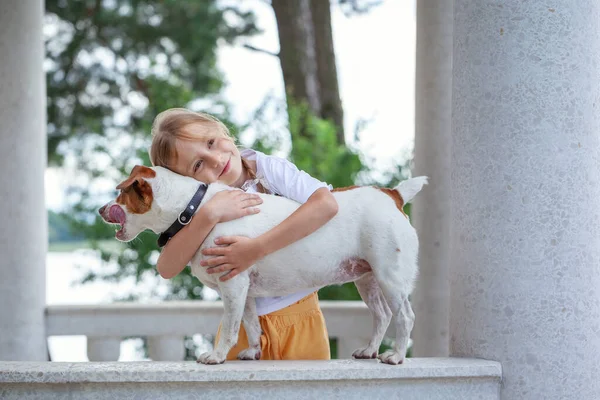 Little girl hugging Jack Russell Terrier dog in nature. Beautiful dog. Kid and dog friendship. A special bond between the kid and its dog. Love and affection.