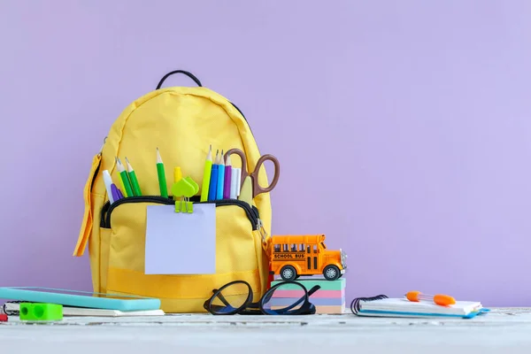 Concept Back School Full Yellow School Backpack Toy Bus School — Stock Photo, Image