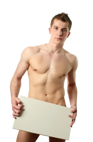 コピー スペース ブランクの看板と筋肉の男 — ストック写真
