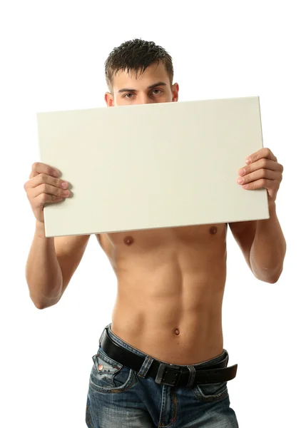 Muscular Man with Copy Space Blank Billboard — Stock Photo, Image