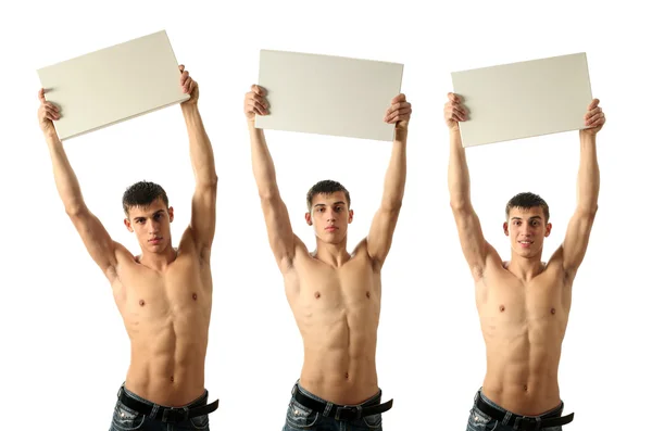 Uomo sexy mostrando un tabellone per le affissioni vuoto spazio copia — Foto Stock