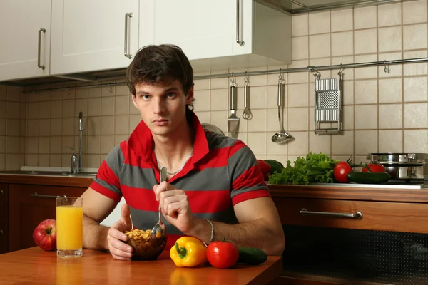 Young Sexy Man Eating His Breakfast — Stock Photo, Image