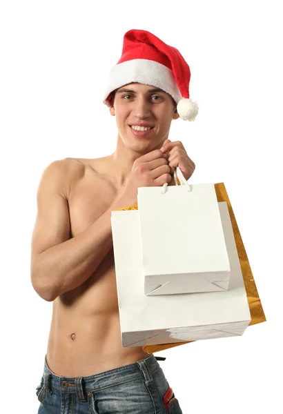 Moș Crăciun sexy cu saci de cumpărături spațiu copiat — Fotografie, imagine de stoc