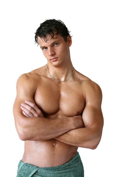 Homem Muscular Molhado Envolvido em Toalha Isolada em Branco — Fotografia de Stock