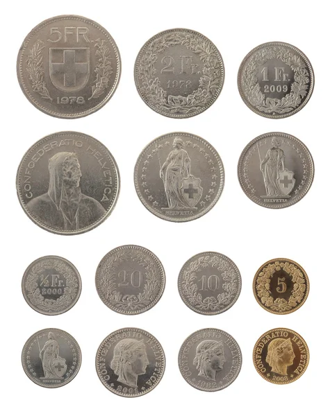 Zestaw monet Frank szwajcarski na białym tle — Zdjęcie stockowe