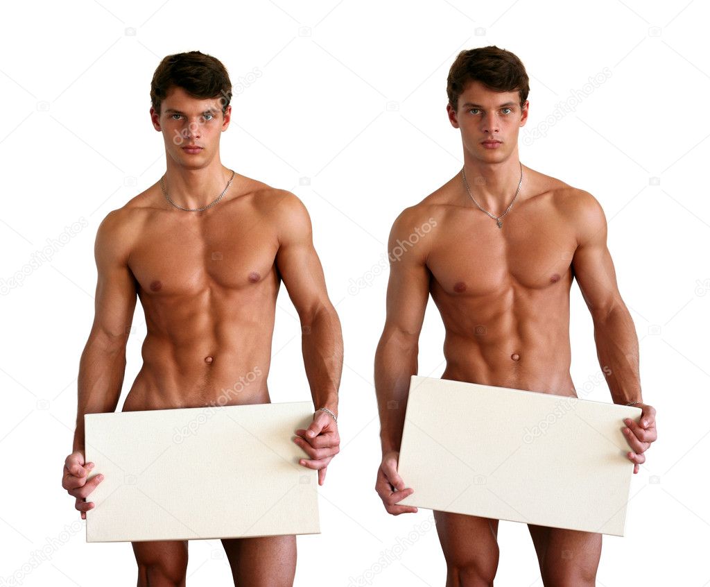 Naked Muscular Man Covering with a Box Isolated on White