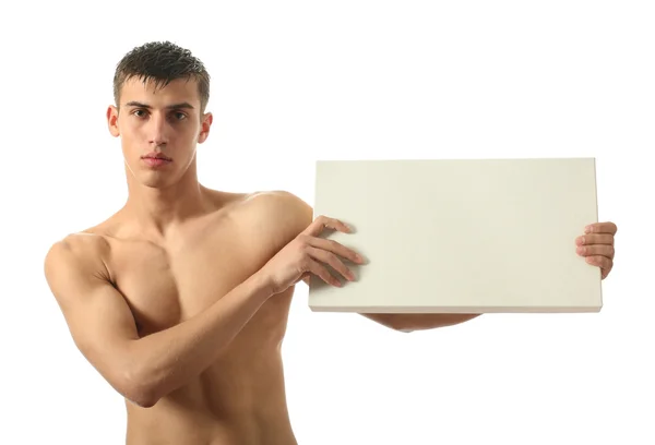Jovem sexy homem com cópia espaço em branco sinal — Fotografia de Stock