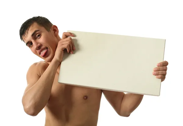 Young Sexy Man with Copy Space Blank Banner — Stock Photo, Image