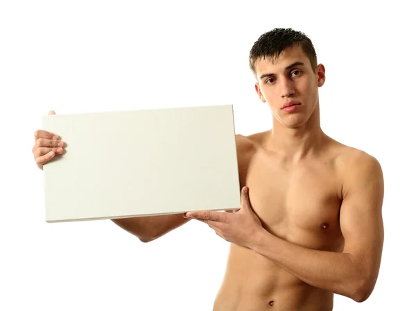 Sexy Man Holding Copy Space Billboard — Stock Photo, Image