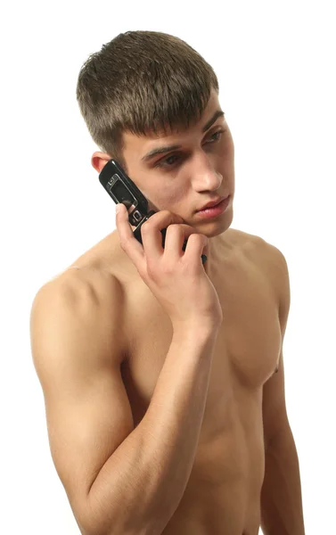 Młody seksowny mężczyzna z telefonu komórkowego — Zdjęcie stockowe