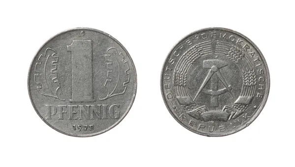 One GDR pfennig coin from 1975 year. Obverse and reverse isolated on white. — Stock Photo, Image