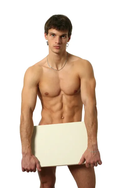 Uomo nudo che copre con un banner vuoto spazio di copia — Foto Stock