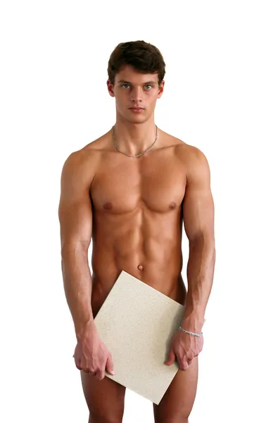 Naked Muscular Man Covering with White Square Tile Isolated on White — Stock Photo, Image