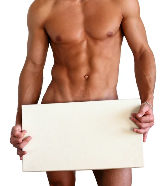 Naked Muscular Man Covering with Box Isolated on White Stok Gambar