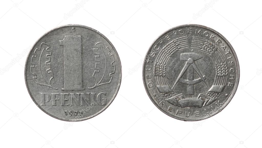 One GDR pfennig coin from 1975 year. Obverse and reverse isolated on white.