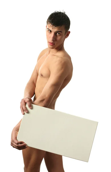 Homem nu que cobre com espaço de cópia em branco bandeira — Fotografia de Stock