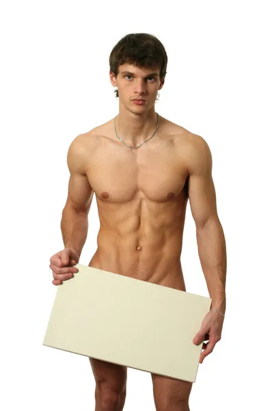 Hombre desnudo cubriendo con una bandera en blanco de espacio de copia —  Fotos de Stock
