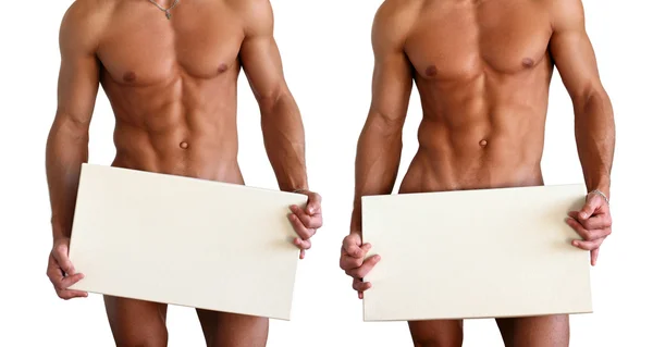 Naked Muscular Torso Covering Copy Space Box — Stock Photo, Image