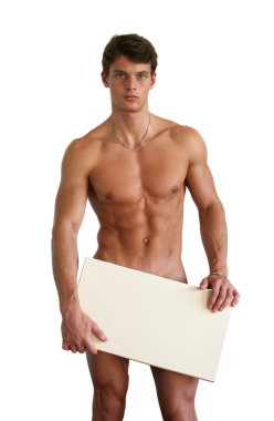 çıplak bir adam ile boş bir işareti kapsayan