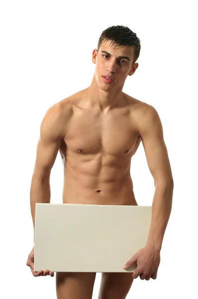 Nude Man Covering with Copy Space Blank Banner — Stock Photo, Image