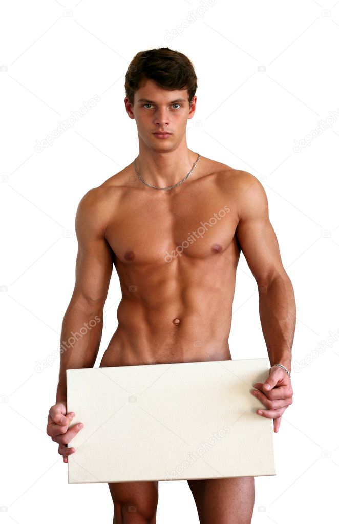 Naked Muscular Man Covering with White Box Isolated on White