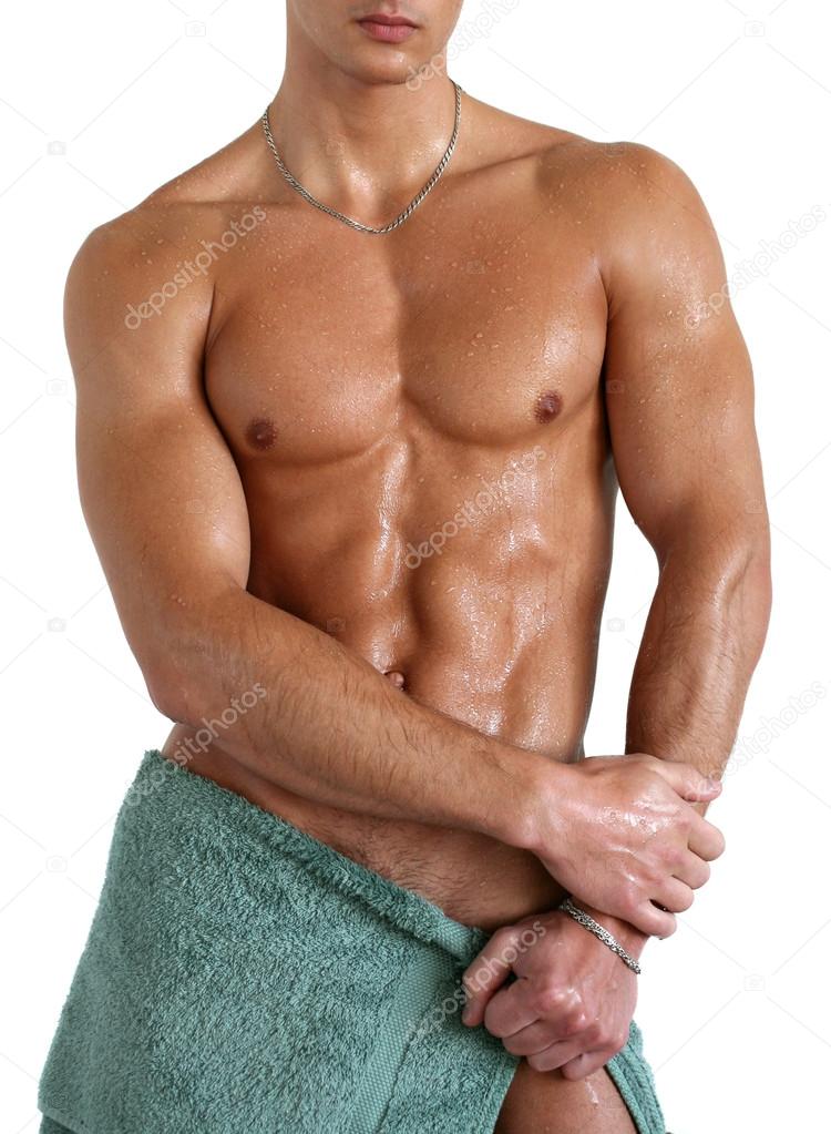 Wet Muscular Man Wrapped in Towel Isolated on White