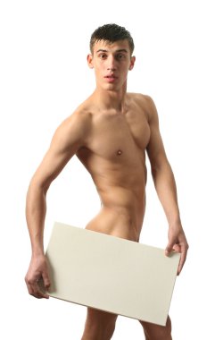 çıplak bir adam ile boş bir işareti kapsayan