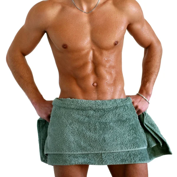 Wet Muscular Torso Wrapped in Towel — Stock Photo, Image