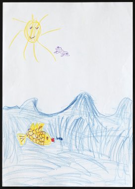 sarı balık, mavi balık izler. çocuğun çizim. 