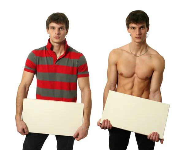 Deux jeunes hommes sexy avec la bannière blanche d'espace de copie — Photo