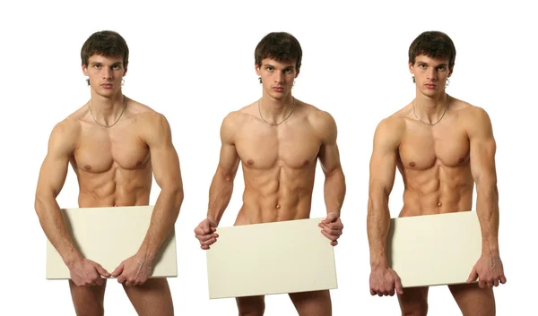 Τρεις γυμνό ανδρών, που καλύπτει με ένα αντίγραφο χώρο κενό πανό — Φωτογραφία Αρχείου