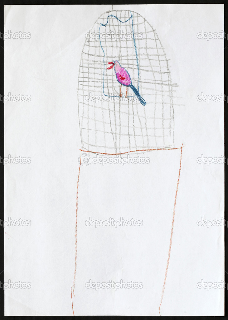 Purple Parrot in a Cage. Child's Drawing. 