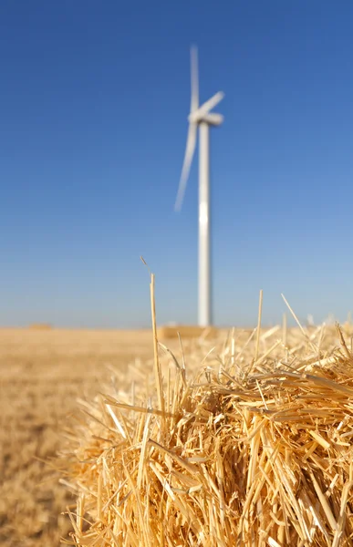 Close shot of a straw bale with an eolic generator — Stock Photo, Image