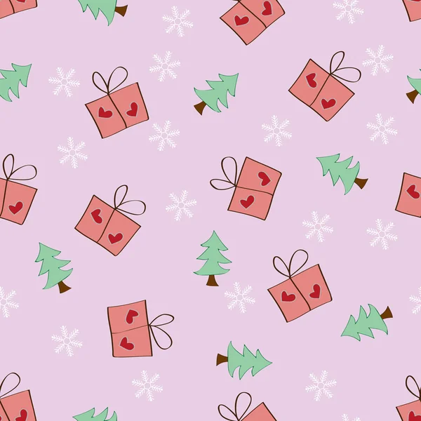 Nahtlose Schneeflocke Geschenk und Baummuster rosa Hintergrund — Stockvektor