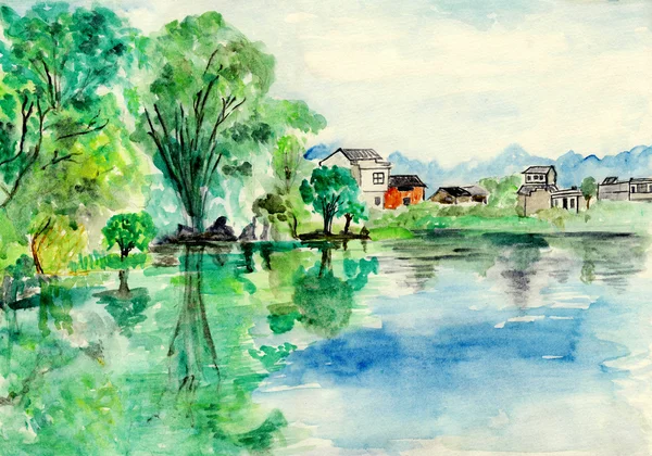 Rivier bank huis, aquarel illustratie — Stockfoto