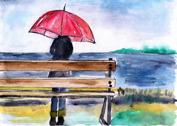 Woman standing with umbrella under the rain,watercolor illustration — Stock Photo, Image